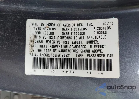 2015 Honda Accord Sport z USA, uszkodzony, nr VIN 1HGCR2F55FA128921